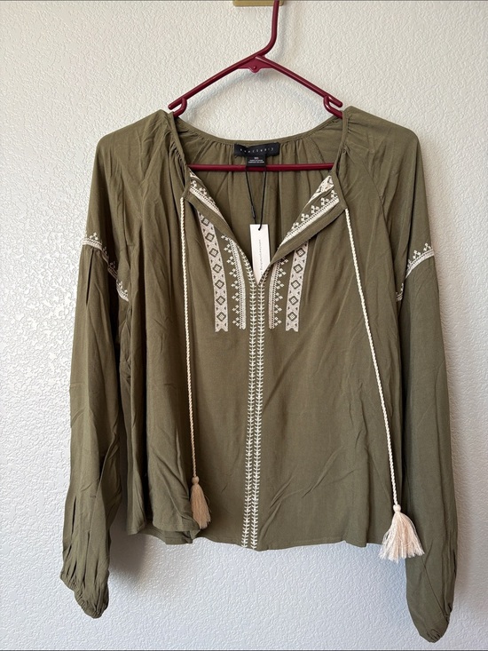 Sanctuary Tops - Sanctuary Olive Green Embroidered Boho Tunic with Tassels